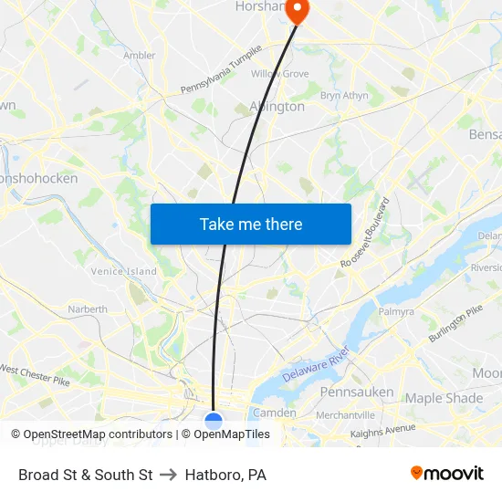 Broad St & South St to Hatboro, PA map