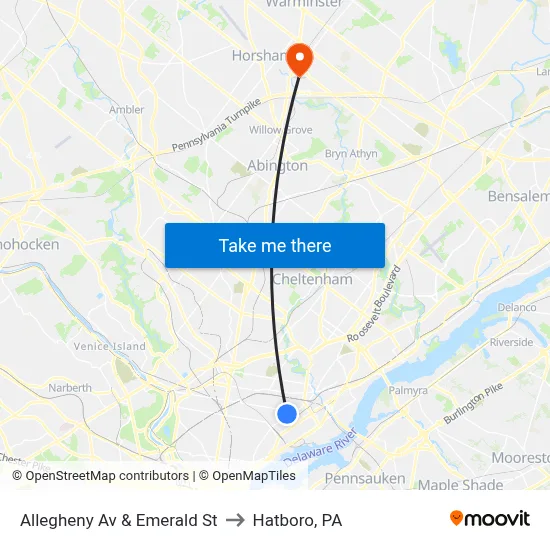 Allegheny Av & Emerald St to Hatboro, PA map