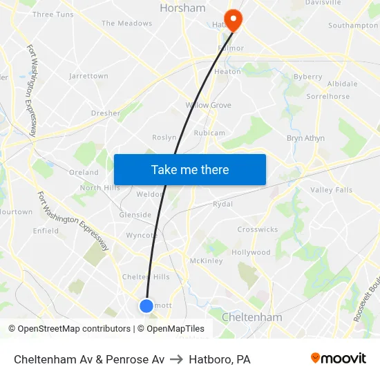 Cheltenham Av & Penrose Av to Hatboro, PA map