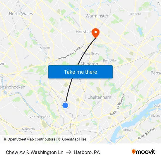 Chew Av & Washington Ln to Hatboro, PA map