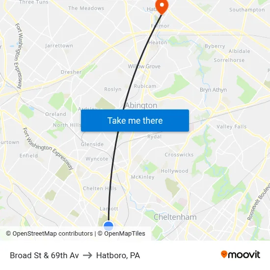 Broad St & 69th Av to Hatboro, PA map