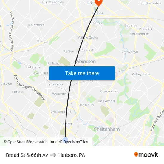 Broad St & 66th Av to Hatboro, PA map