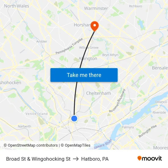 Broad St & Wingohocking St to Hatboro, PA map