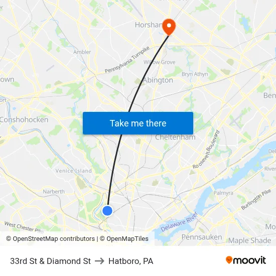 33rd St & Diamond St to Hatboro, PA map