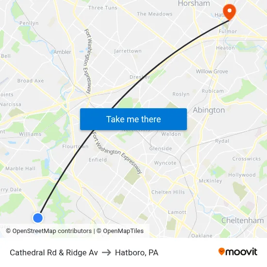 Cathedral Rd & Ridge Av to Hatboro, PA map