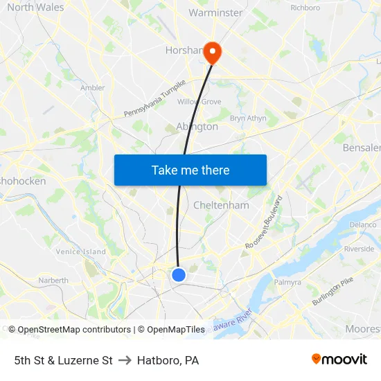 5th St & Luzerne St to Hatboro, PA map
