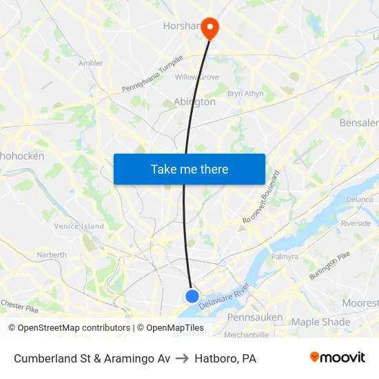 Cumberland St & Aramingo Av to Hatboro, PA map