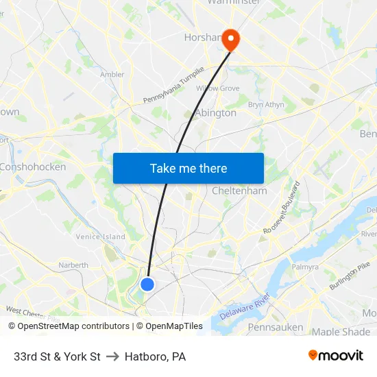 33rd St & York St to Hatboro, PA map