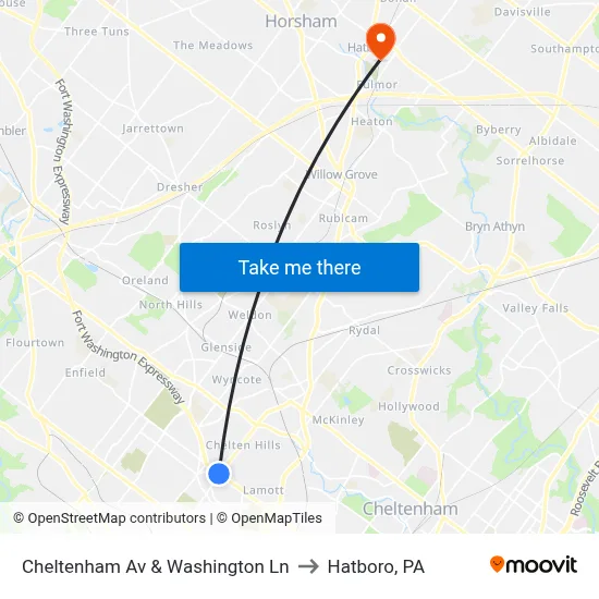 Cheltenham Av & Washington Ln to Hatboro, PA map