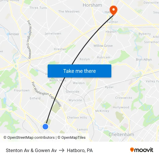 Stenton Av & Gowen Av to Hatboro, PA map