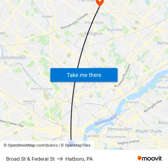 Broad St & Federal St to Hatboro, PA map