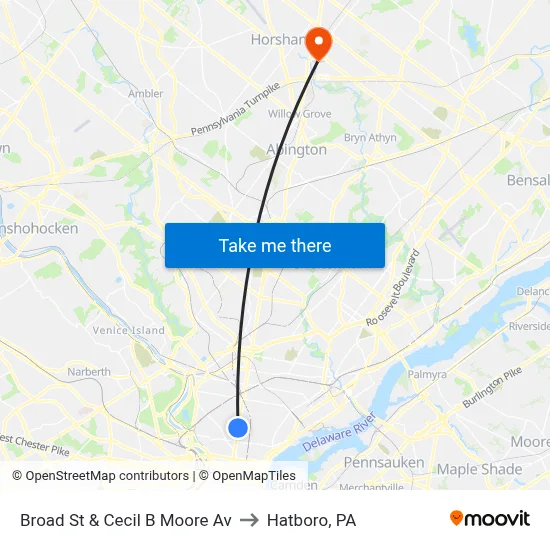 Broad St & Cecil B Moore Av to Hatboro, PA map