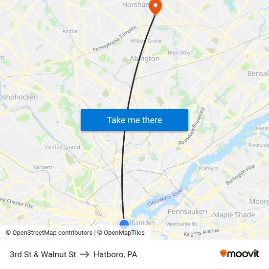 3rd St & Walnut St to Hatboro, PA map