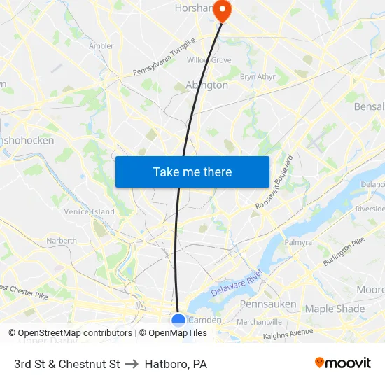 3rd St & Chestnut St to Hatboro, PA map