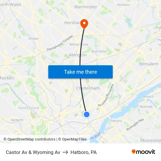 Castor Av & Wyoming Av to Hatboro, PA map