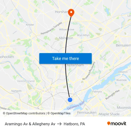 Aramingo Av & Allegheny Av to Hatboro, PA map