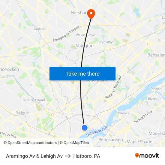 Aramingo Av & Lehigh Av to Hatboro, PA map