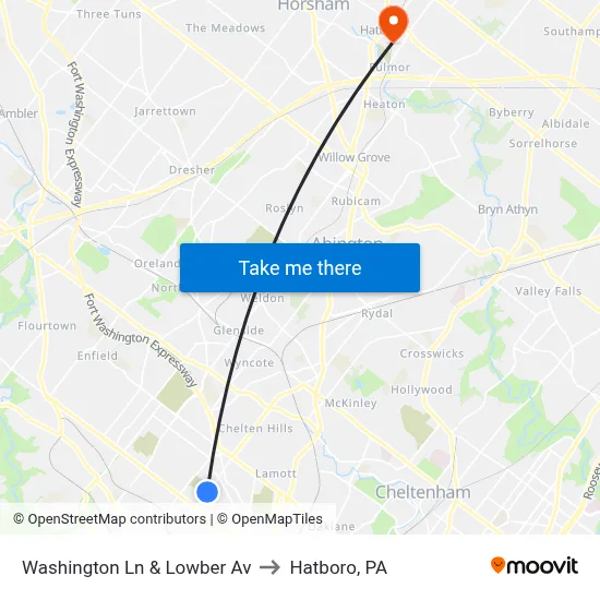 Washington Ln & Lowber Av to Hatboro, PA map