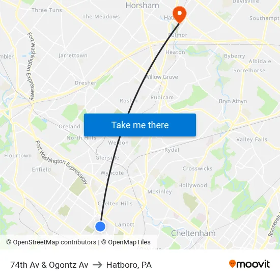 74th Av & Ogontz Av to Hatboro, PA map