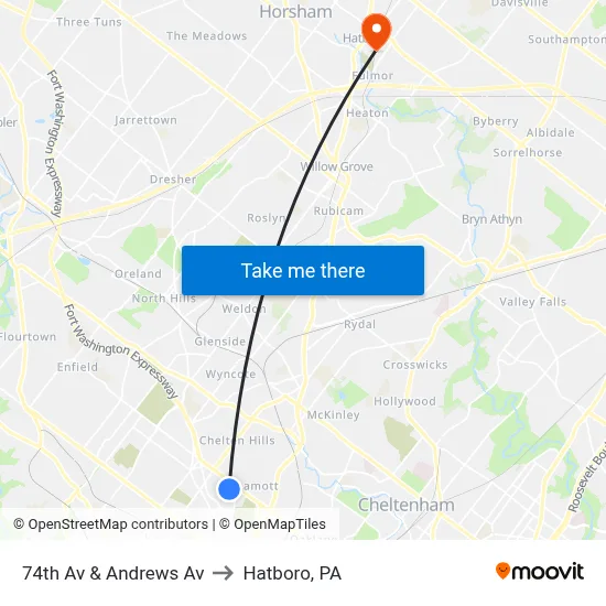 74th Av & Andrews Av to Hatboro, PA map