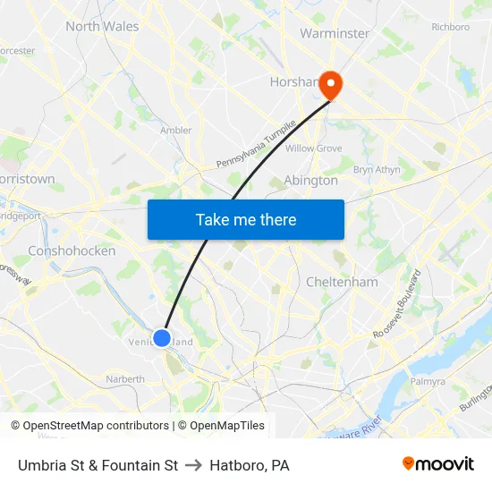 Umbria St & Fountain St to Hatboro, PA map