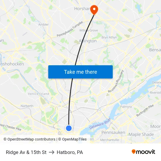 Ridge Av & 15th St to Hatboro, PA map