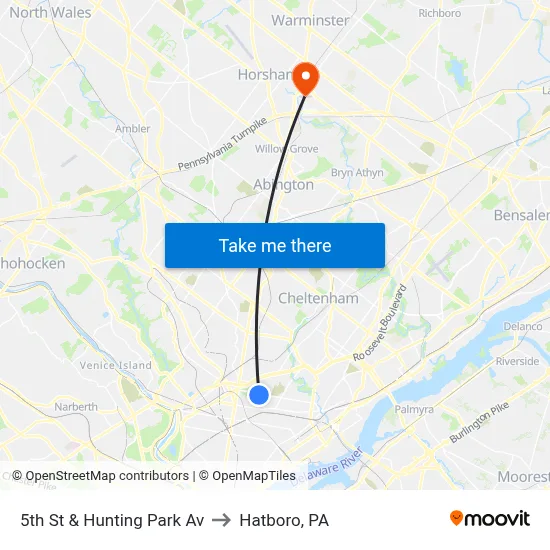 5th St & Hunting Park Av to Hatboro, PA map