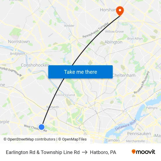 Earlington Rd & Township Line Rd to Hatboro, PA map