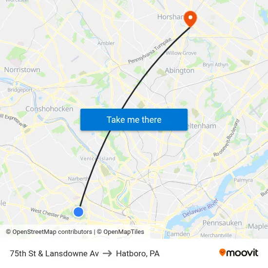 75th St & Lansdowne Av to Hatboro, PA map