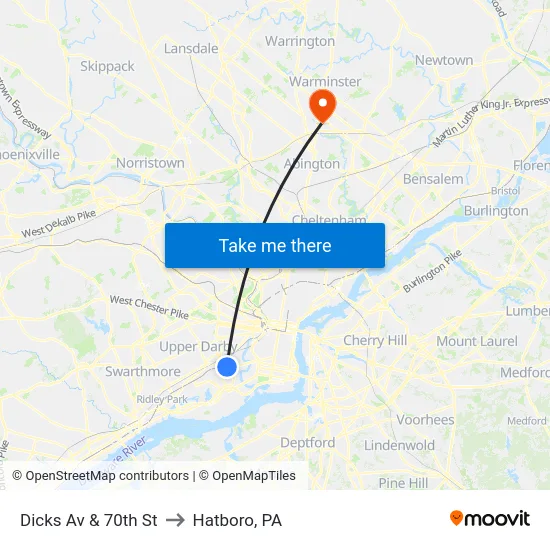 Dicks Av & 70th St to Hatboro, PA map