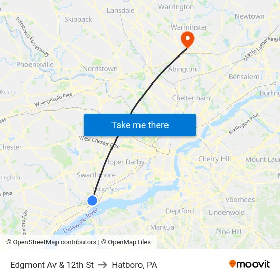 Edgmont Av & 12th St to Hatboro, PA map