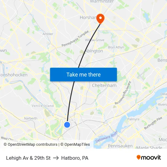 Lehigh Av & 29th St to Hatboro, PA map