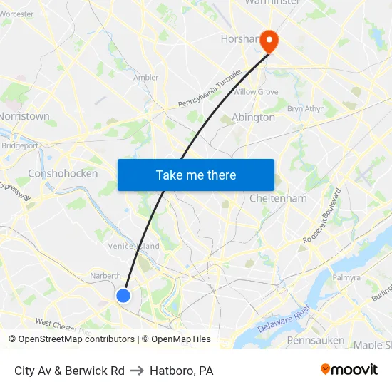City Av & Berwick Rd to Hatboro, PA map