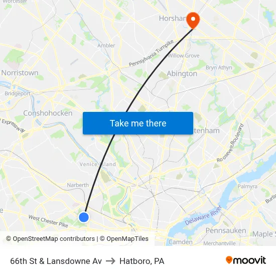 66th St & Lansdowne Av to Hatboro, PA map