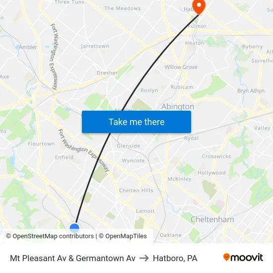 Mt Pleasant Av & Germantown Av to Hatboro, PA map