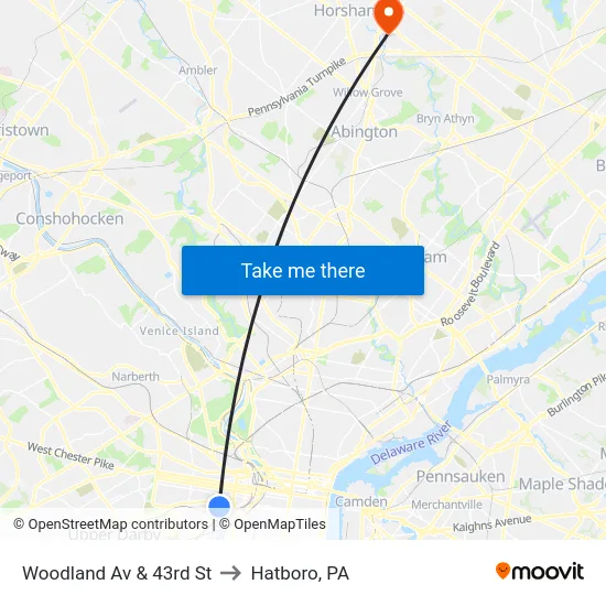 Woodland Av & 43rd St to Hatboro, PA map