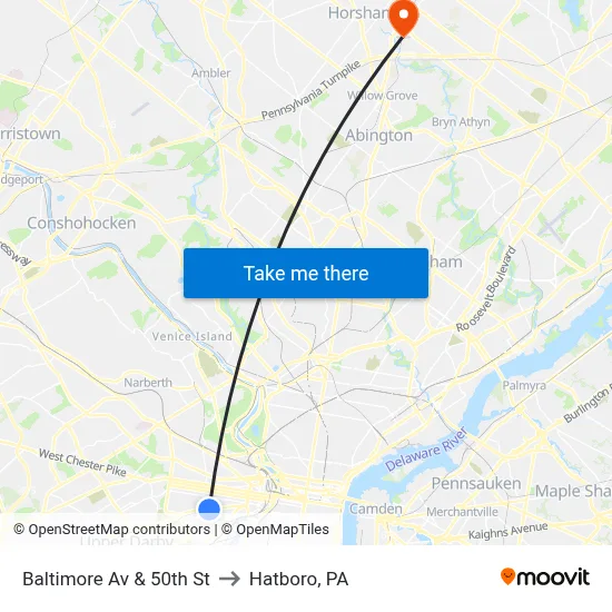 Baltimore Av & 50th St to Hatboro, PA map