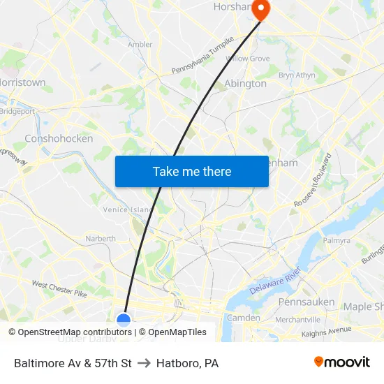 Baltimore Av & 57th St to Hatboro, PA map