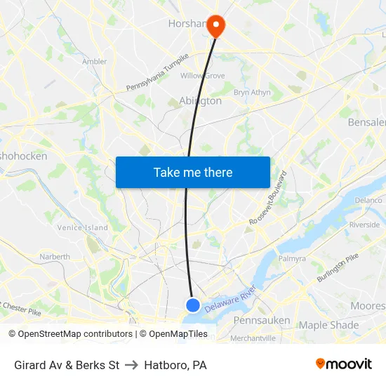 Girard Av & Berks St to Hatboro, PA map