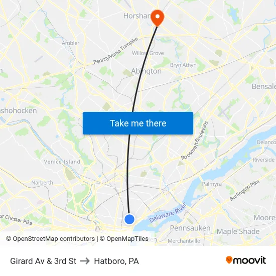 Girard Av & 3rd St to Hatboro, PA map