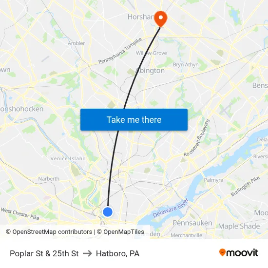 Poplar St & 25th St to Hatboro, PA map