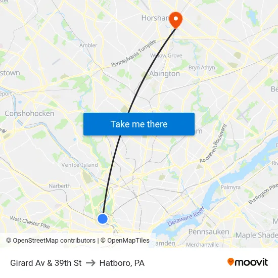 Girard Av & 39th St to Hatboro, PA map