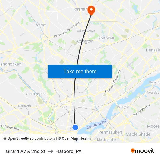 Girard Av & 2nd St to Hatboro, PA map