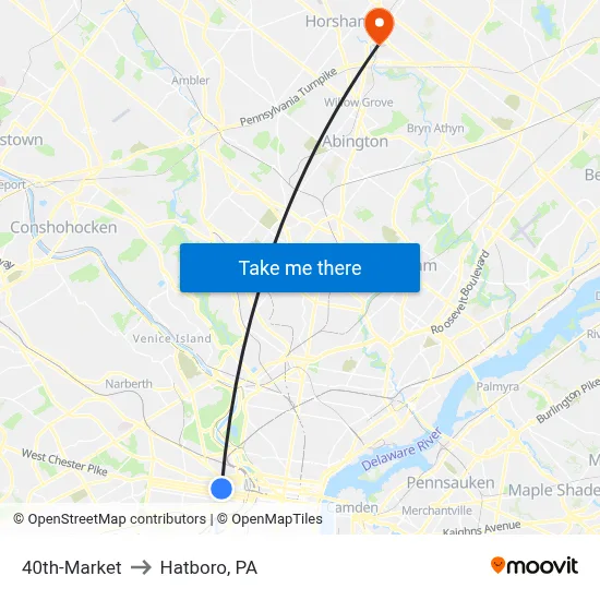 40th-Market to Hatboro, PA map