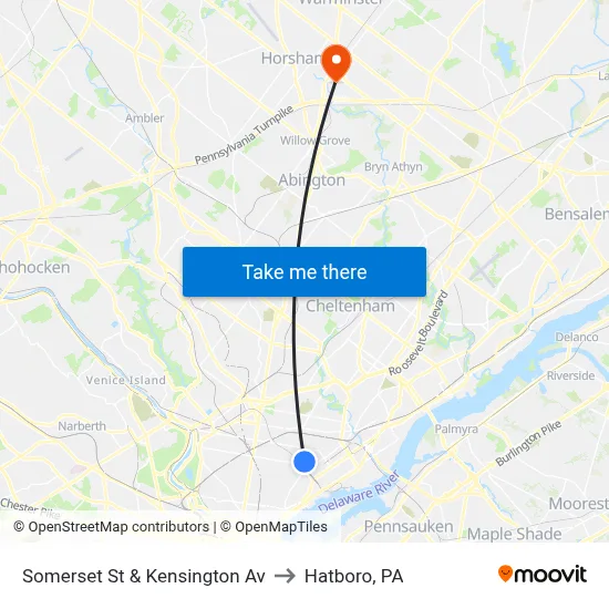 Somerset St & Kensington Av to Hatboro, PA map