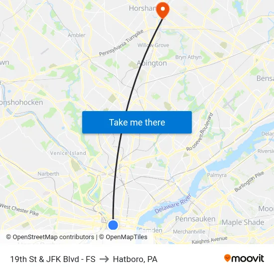 19th St & JFK Blvd - FS to Hatboro, PA map