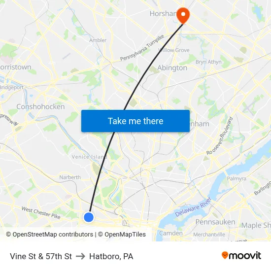 Vine St & 57th St to Hatboro, PA map