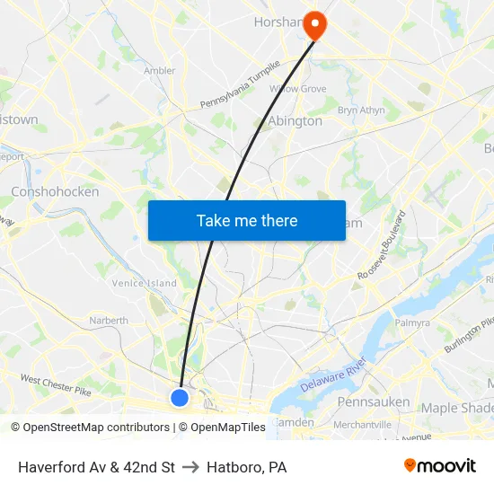 Haverford Av & 42nd St to Hatboro, PA map