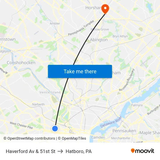 Haverford Av & 51st St to Hatboro, PA map