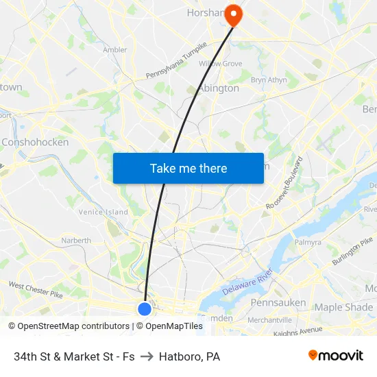 34th St & Market St - Fs to Hatboro, PA map